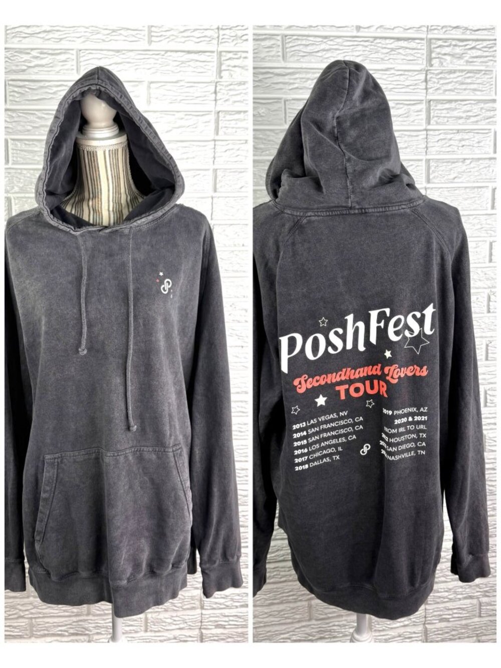 Poshmark Poshfest Secondhand Lovers Tour Long Faded Grey Hooded Sweatshirt Sz XL